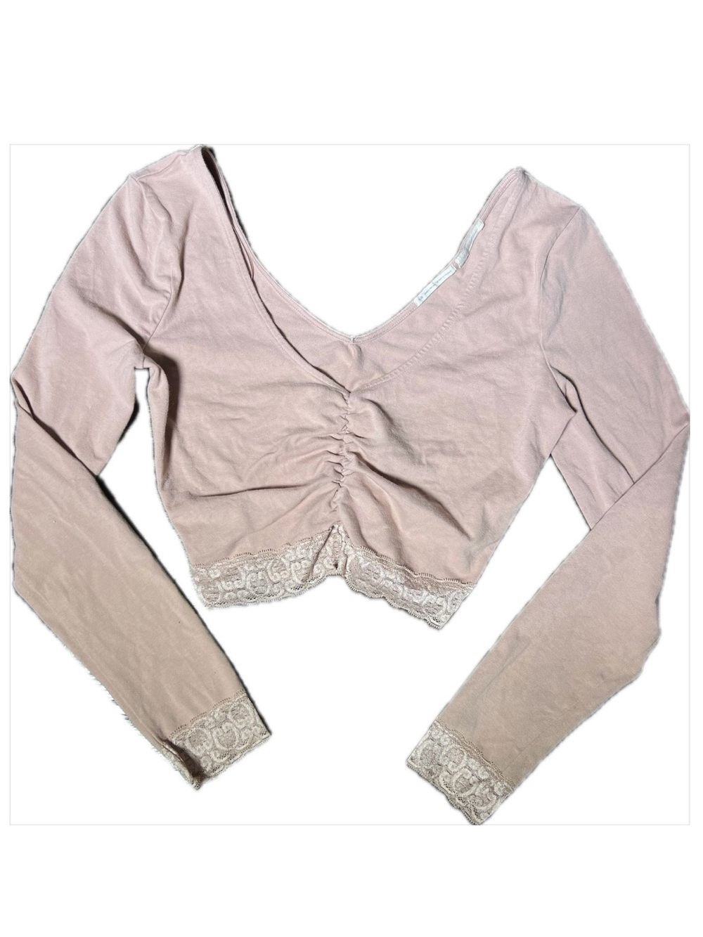 Urban Outfitters Light Pink / Mauve Ruched Long Sleeve Top Cropped Lace Medium